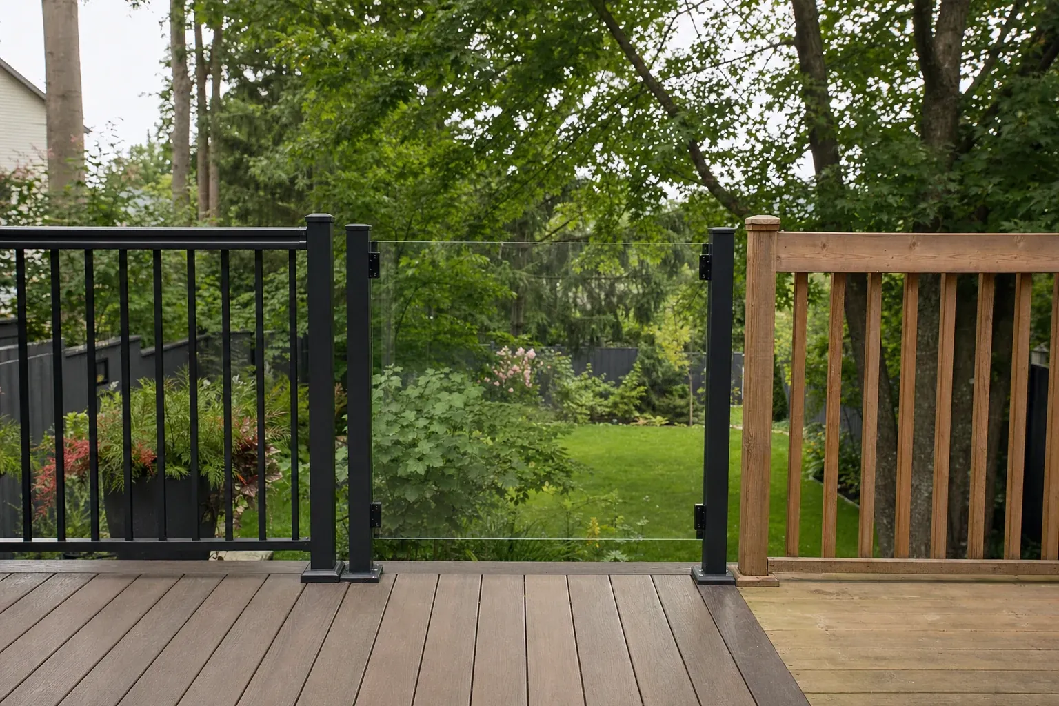 Trois garde-corps côte à côte sur une terrasse : barreaux d'aluminium noir, panneaux de verre et barreaux de bois
