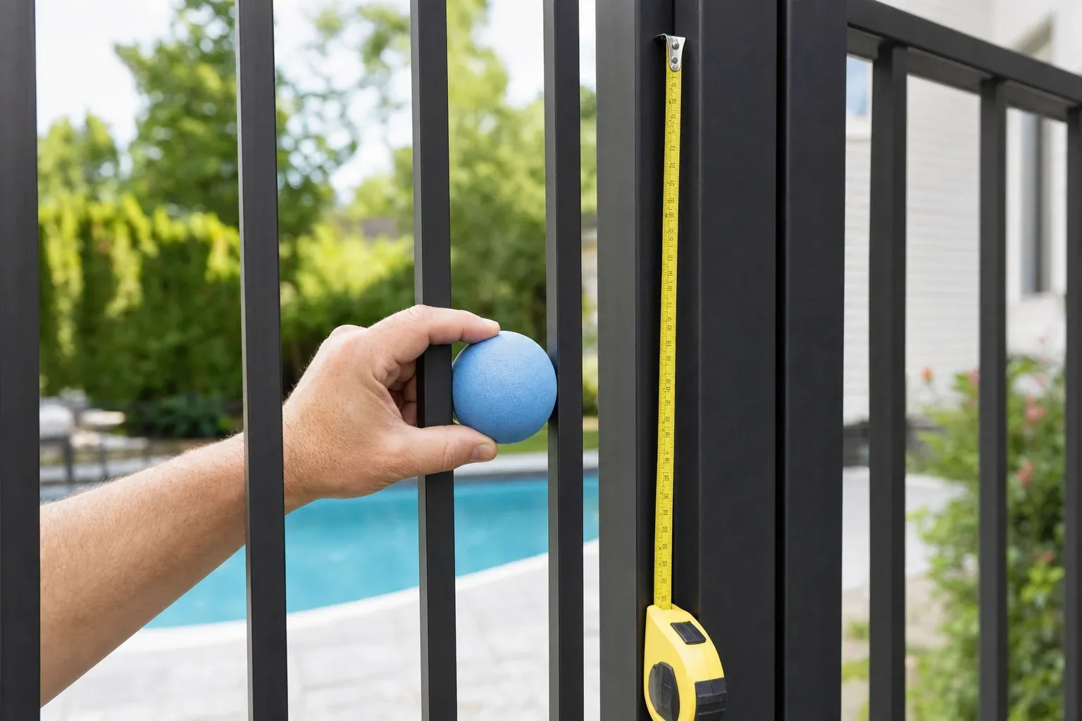 Une main tient une balle de 10 cm contre l'espace entre deux barreaux d'une clôture de piscine, un ruban à mesurer le long du poteau