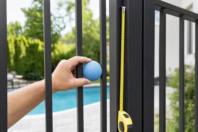 Une main tient une balle de 10 cm contre l'espace entre deux barreaux d'une clôture de piscine, un ruban à mesurer le long du poteau