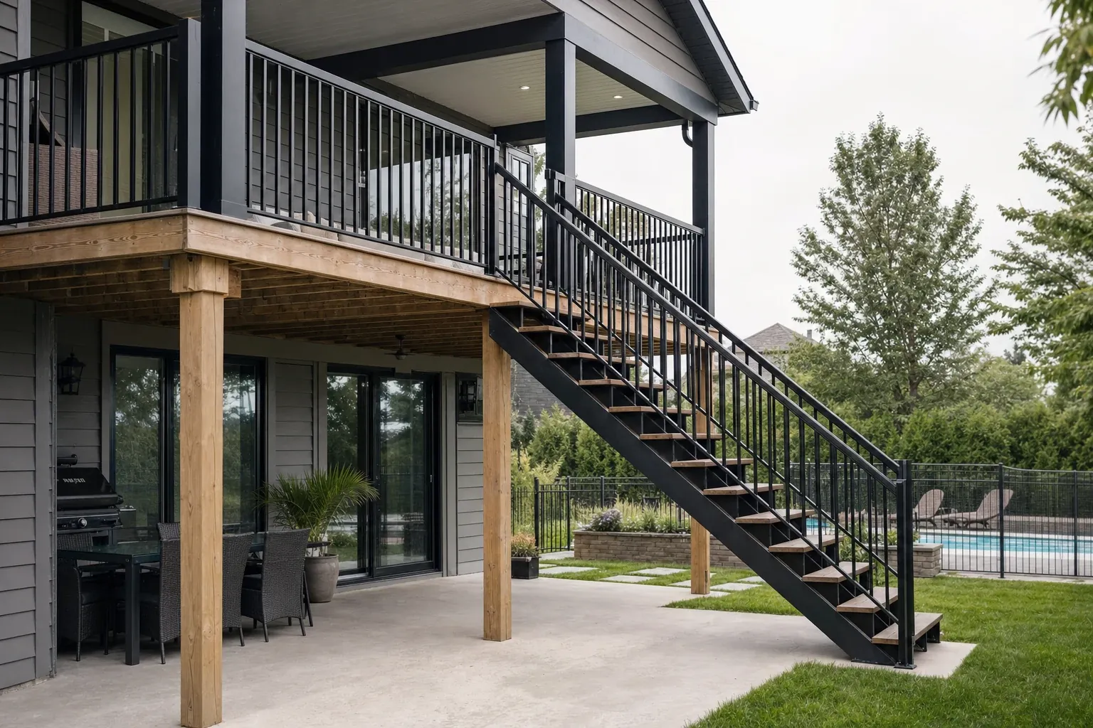 L'arrière d'une maison avec un balcon, un escalier extérieur et un patio, tous munis de garde-corps d'aluminium noir