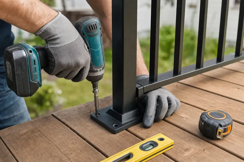 Des mains gantées vissent la base d'un poteau de garde-corps d'aluminium sur une terrasse, avec un niveau et un ruban à mesurer