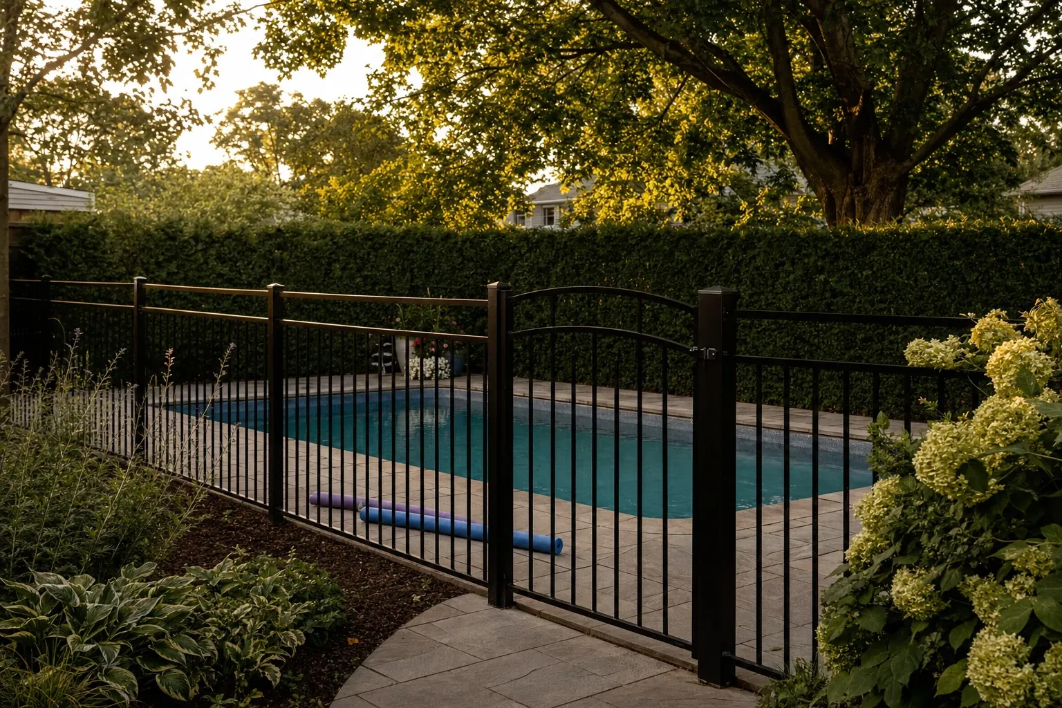 Une piscine creusée au coucher du soleil, entourée d'une clôture d'aluminium noire avec sa porte